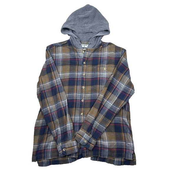 Billabong Other - Billabong‎ Baja Flannel Hoodie Shacket L Plaid Core Fit Stretch Brown Blue Red